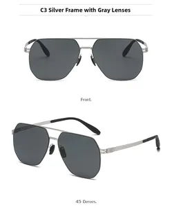 Front and side view of square polarized sunglasses with silver metal frame and grey lenses