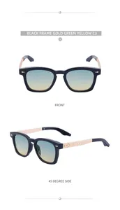 Detail view of square black frame sunglasses with gold-green-yellow gradient lenses