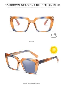 Dettaglio montatura cat-eye sfumata marrone-blu con lenti fotocromatiche blu