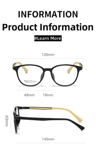 Detailed size chart for stylish square glasses frame showing dimensions in millimeters