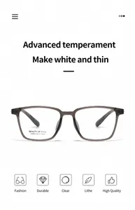 Detailed view of translucent grey oversized optical frames with model specs and icons