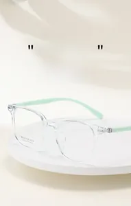 Detail of square glasses frame with mint green temples and metal hinge mechanism