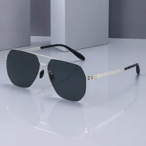 Square polarized nylon aviator sunglasses for men with silver metal frame and dark lenses