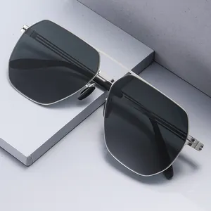 Polarized square nylon sunglasses with silver metal frame and double bridge for men