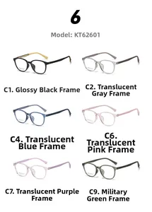 Multiple colors of square optical glasses frames showing KT62601 model color options