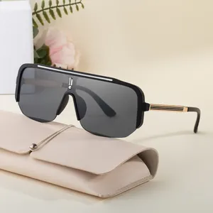 2025 Trendy oversized semi-rimless sunglasses in black with gold temple details and pouch
