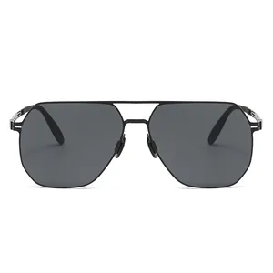Men's square polarized nylon sunglasses with black matte metal frame and double bridge
