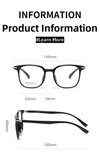 Detailed size chart for square optical glasses showing frame width and lens measurements
