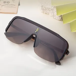 Mens shield sports sunglasses with brown lenses and golden vertical stripe nose bridge