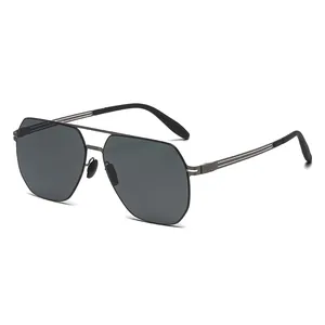 Modern men's polarized square sunglasses with hollow metal temples and gunmetal frames