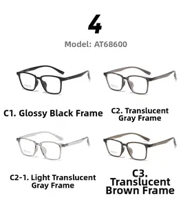 Macro display of four square optical frames in black, grey, and tea transparent colors