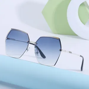 Women Fashion Rimless Diamond Cutting Sunglasses Large Geometric Polygon Nylon Lens TR90 Alloy Frame UV400 Trendy Eyewear