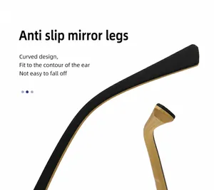 Detail of ergonomic anti-slip temple tips for square glasses in gold metal and black