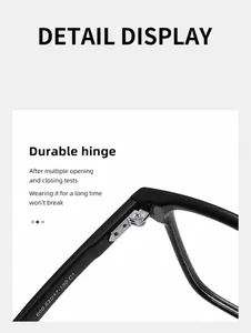 Detail of metal hinge structure and size specs on black acetate optical frames