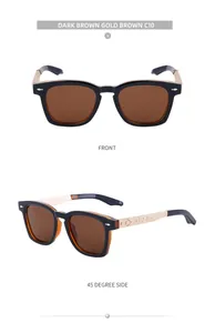 Square dark brown sunglasses with detailed golden metal temples and engraved texture