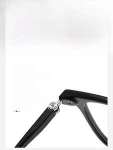 Detail of durable silver metal hinge and screw on premium black square eyeglass frames
