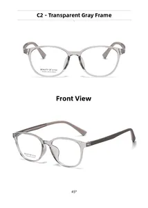 Front and 45-degree angle view of transparent grey square optical glasses frame