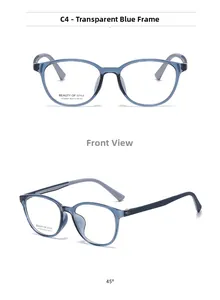 Front and side view of transparent blue square optical frames with model KT62601