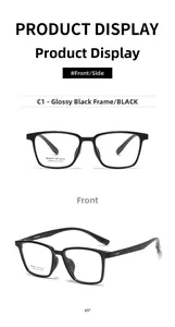 Glossy black square eyeglass frames showing front and 45-degree angle detail views