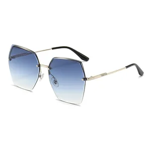 Fashionable rimless gradient blue hexagonal sunglasses with gold metal temples for women