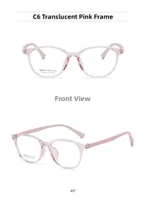 Front and 45-degree views of translucent pink square optical frames for women