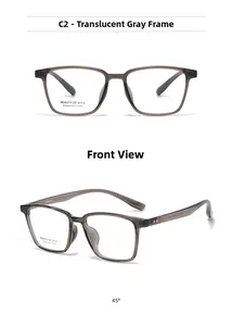 Close-up of transparent grey oversized optical frames with metal temple details and logo