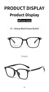 Macro view of bright black square optical frames with metal temple accents and branding