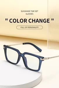 Detail of square photochromic frames with metal temples and color-changing lens technology