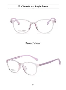 Detail view of transparent purple square optical glasses with KT62601 model parameters