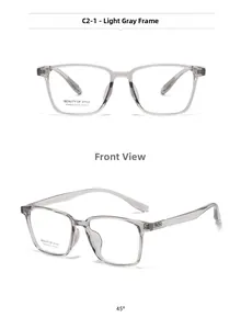 Front and 45-degree side view of light gray square frames showing temple size details
