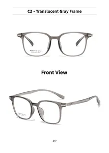 Detailed front and side views of transparent grey square optical glasses frames