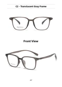 Detail view of transparent grey square optical frames showing front and 45-degree angles