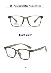 Detailed views of transparent brown square glasses frame with model AT68600 specifications