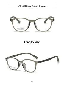 Detail view of military green square glasses frames with polished finish from two angles