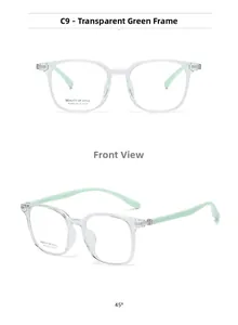Detail view of transparent green square frames with polished temples and sleek finish