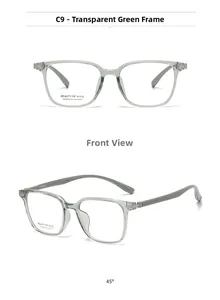 Front and 45-degree views of stylish transparent green square glasses frames for men and women