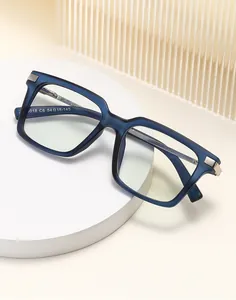 Detailed view of matte blue square eyewear frame featuring silver metal accents and size specs