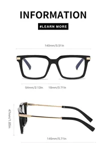 Detailed view of black square eyewear frame with precise dimensions and gold temple accent