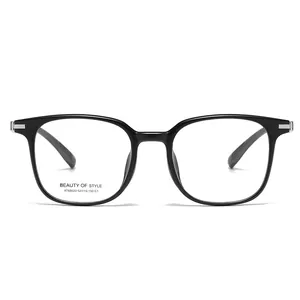 Classic black square optical frames for women featuring silver metal temple accents