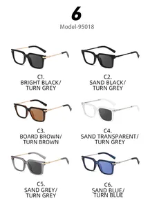 Matrix display of model 95018 square photochromic sunglasses in six matte frame colors