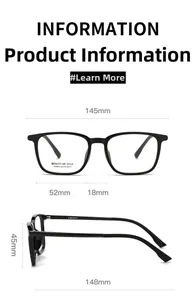 Detailed size chart for black square eyeglasses showing frame dimensions and width