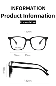 Detailed product dimensions for square black frame glasses with side and front view
