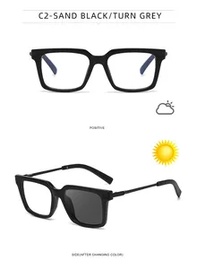 Detail of photochromic square glasses showing lens transition from clear to dark grey