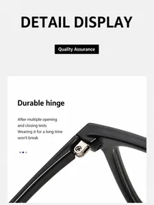 Detail view of durable silver metal hinges on square black glasses frame with screw fixing