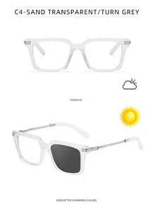 Square photochromic glasses with sand transparent frames transitioning to grey lenses
