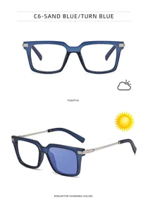 Detail of square sand blue glasses frame showing photochromic lens transition in sunlight