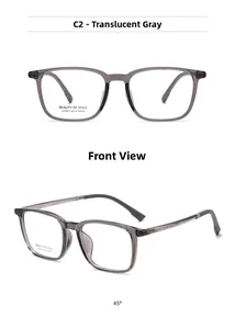 Detailed front and side views of transparent grey square optical glasses frames