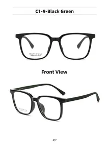 Front and 45-degree angle view of square black and green dual-tone optical glasses frames