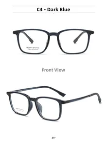 Front and 45-degree angle views of dark blue translucent square glasses frames