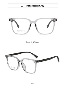 Detail showing transparent grey square frames and dark brown temples for optical glasses